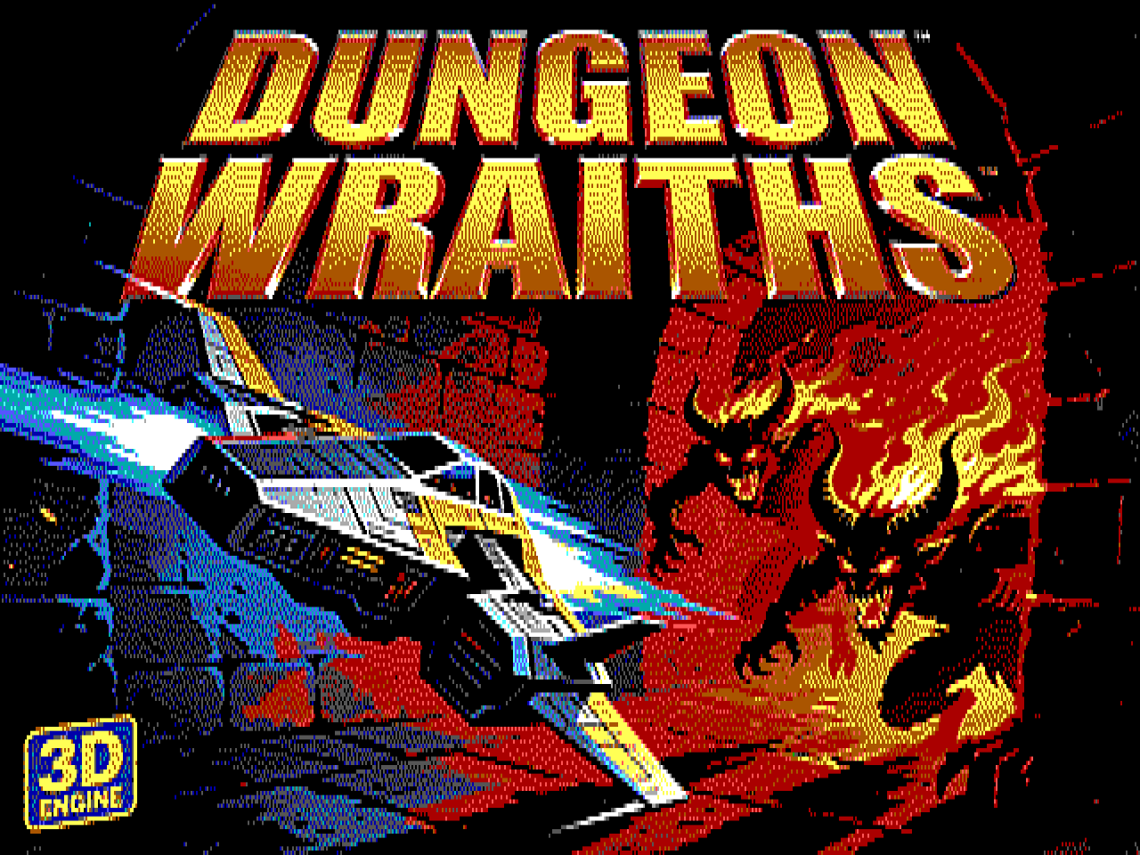 A Krea 2 picture ("Dungeon Wraiths" box art) dithered by MindServer to the Tandy's 16 colours at 640x200, shown at the real 4:3 screen shape