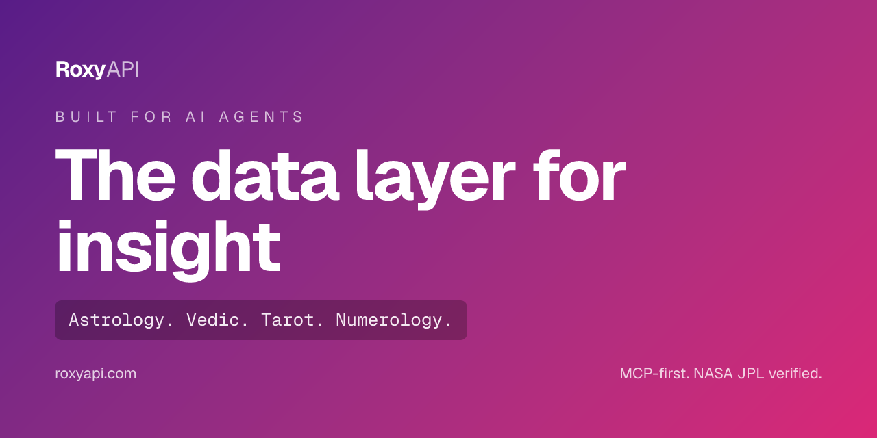 RoxyAPI. The data layer for insight, belief, and prediction products. Astrology, Vedic, tarot, numerology, and more behind one API key.