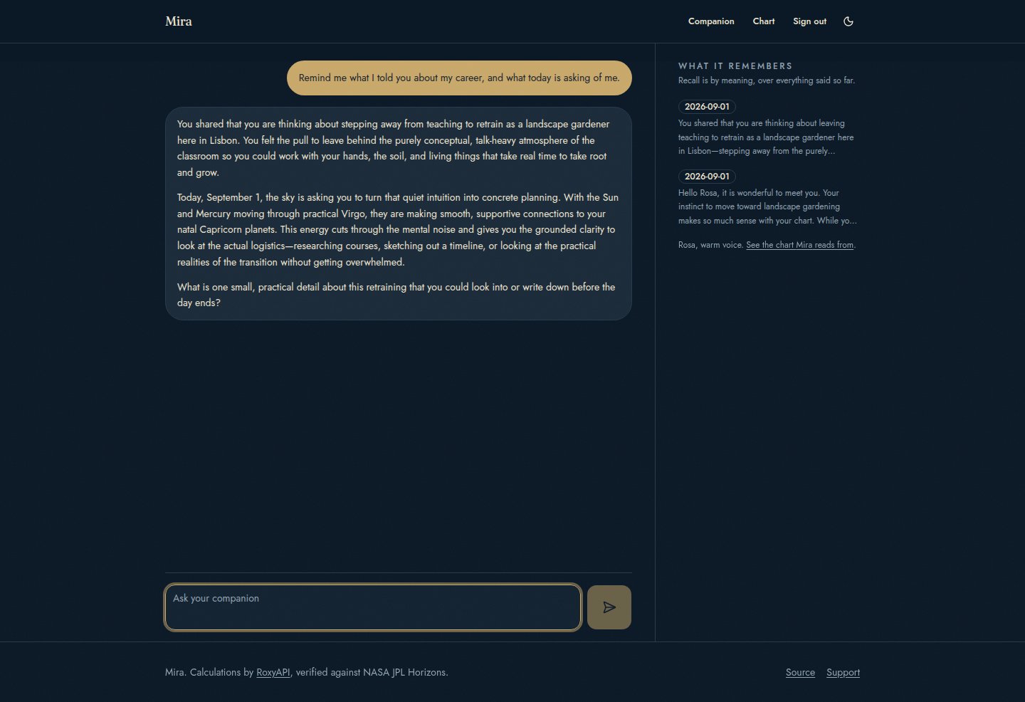 The companion conversation and its memory panel, in dark mode
