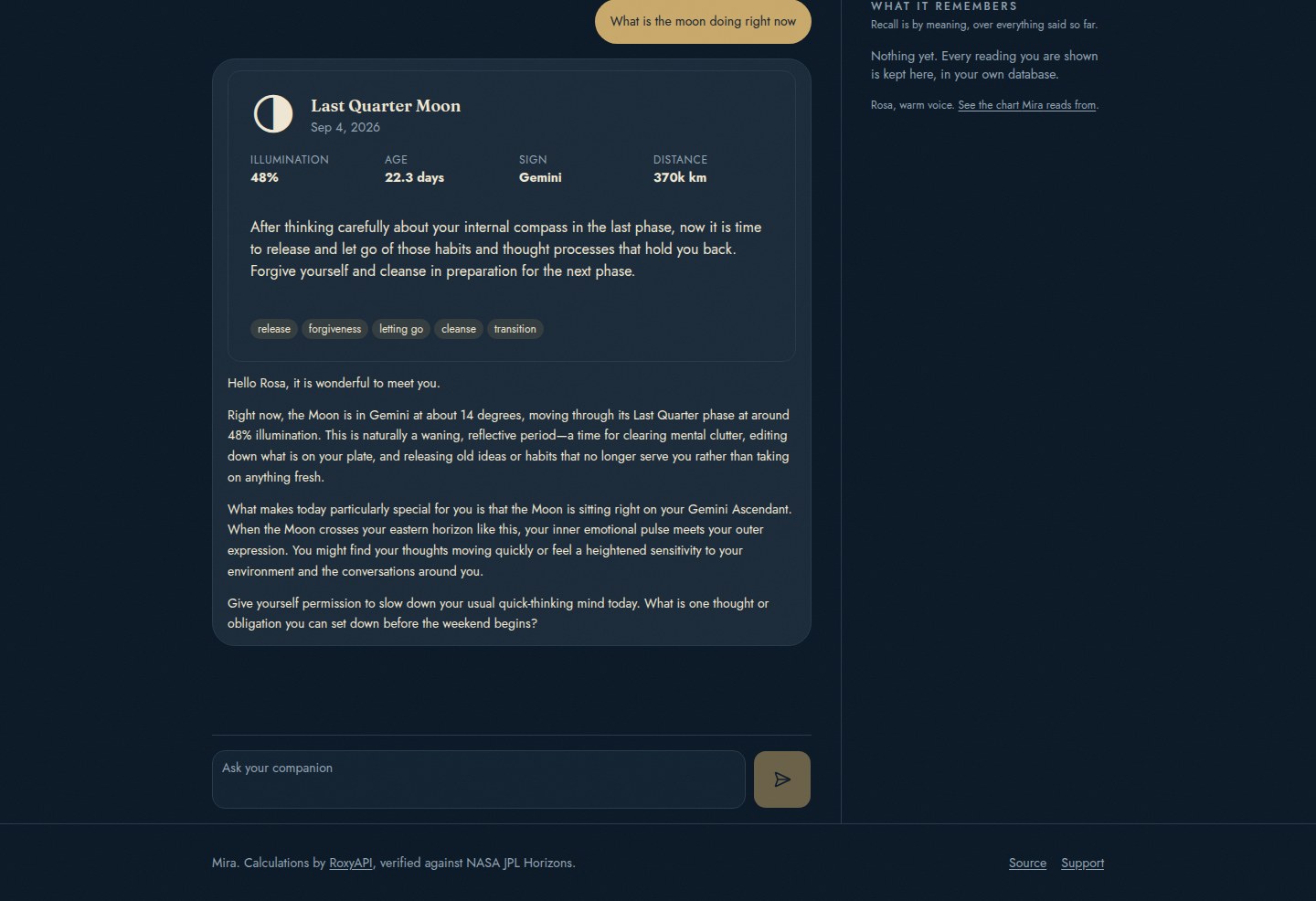 The moon phase drawn inside the reply, in dark mode