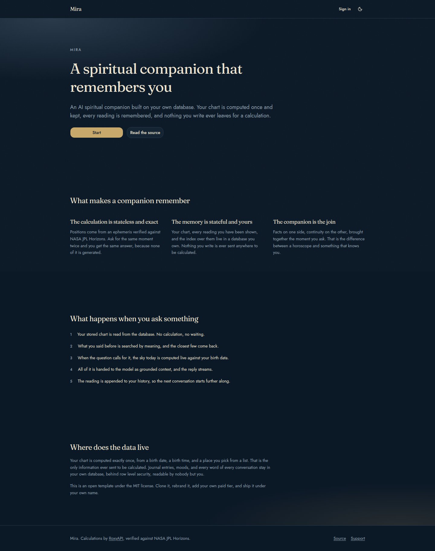 The landing page, in dark mode