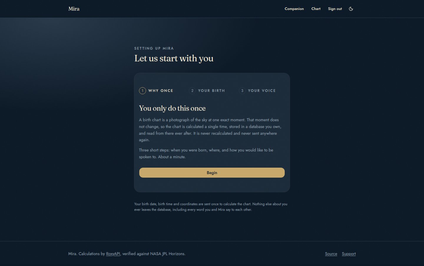 Onboarding, step one, in dark mode
