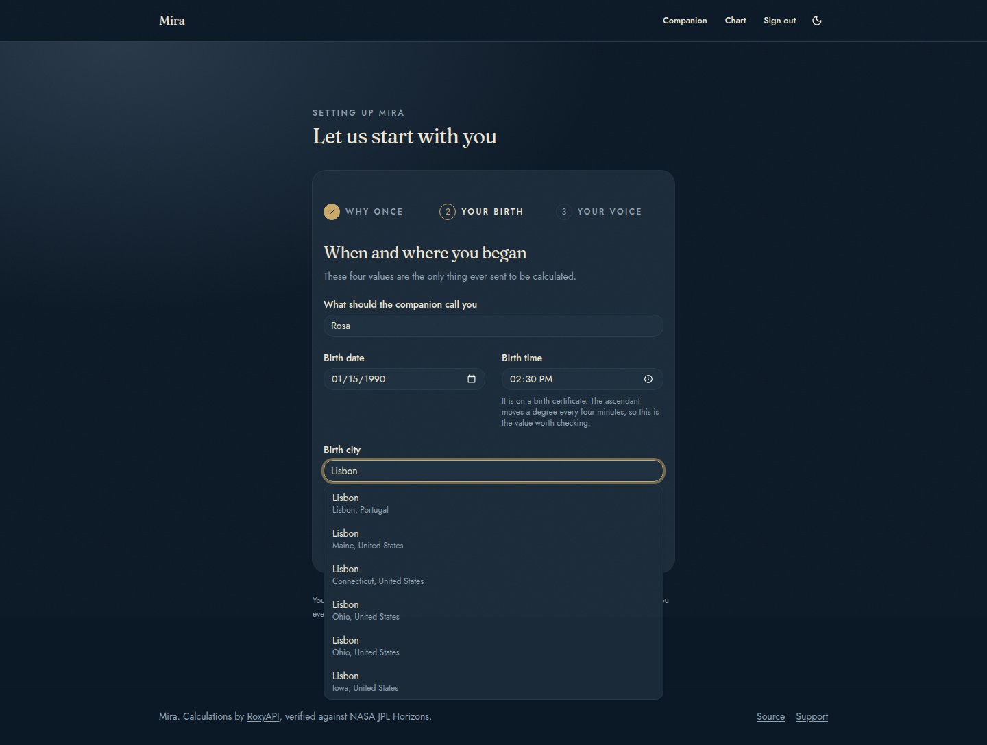 Onboarding, step two, finding the birth city, in dark mode
