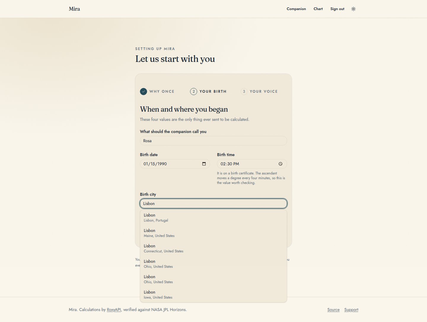Onboarding, step two, finding the birth city in the autocomplete
