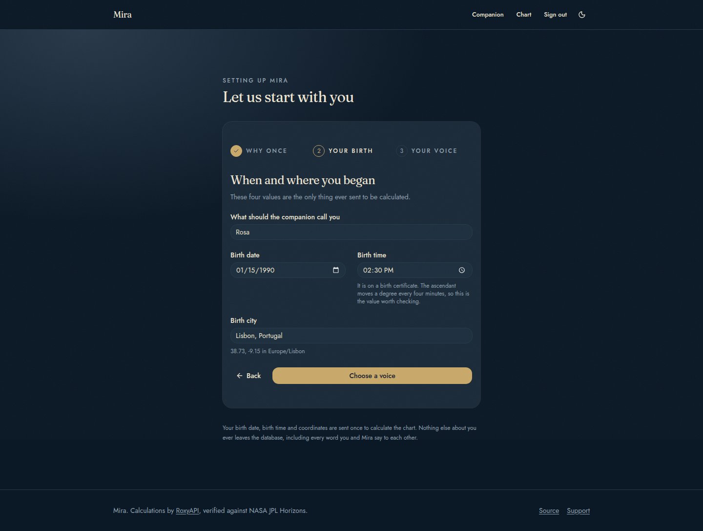 Onboarding, step two, the birth details, in dark mode