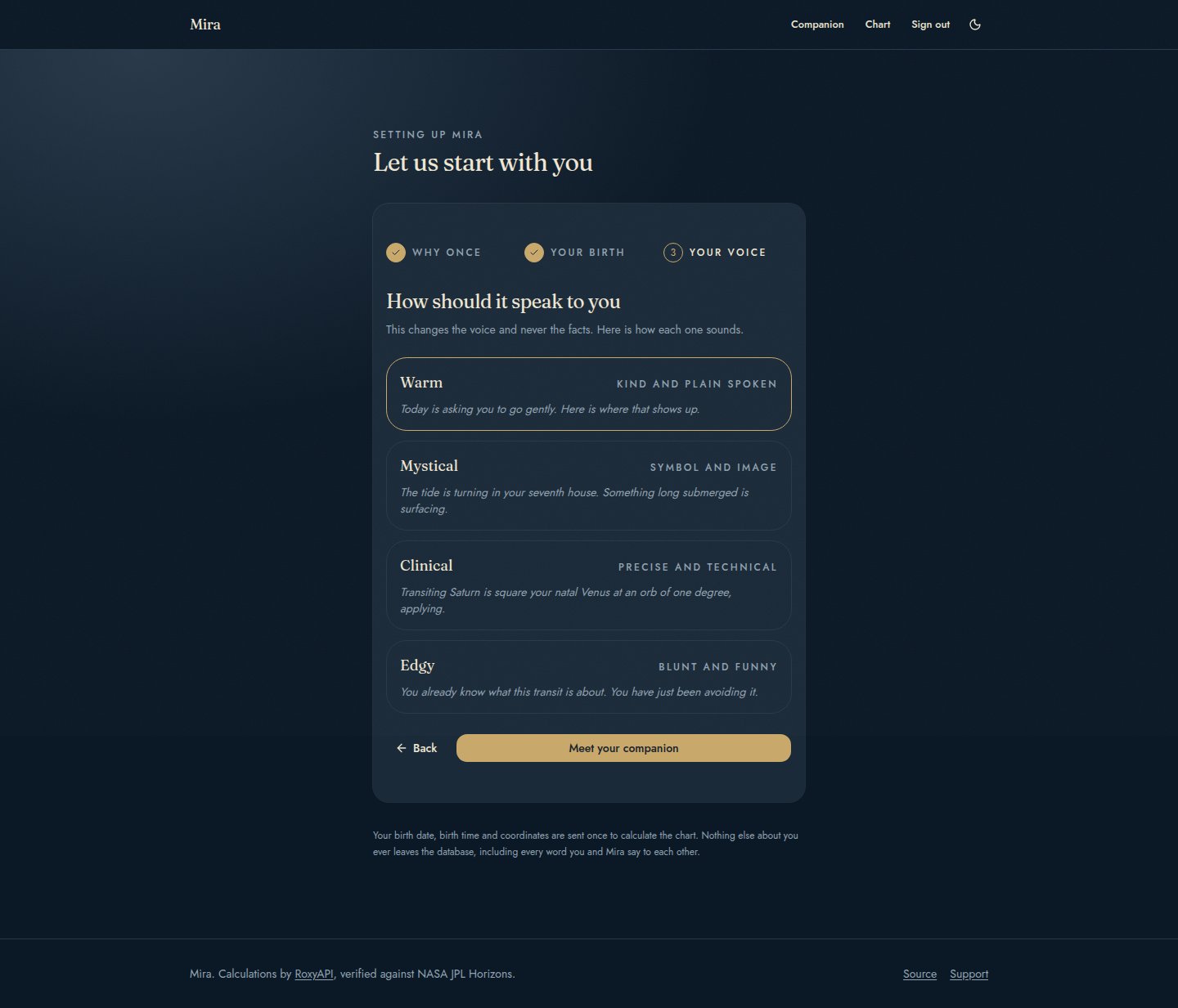 Onboarding, step three, choosing a voice, in dark mode