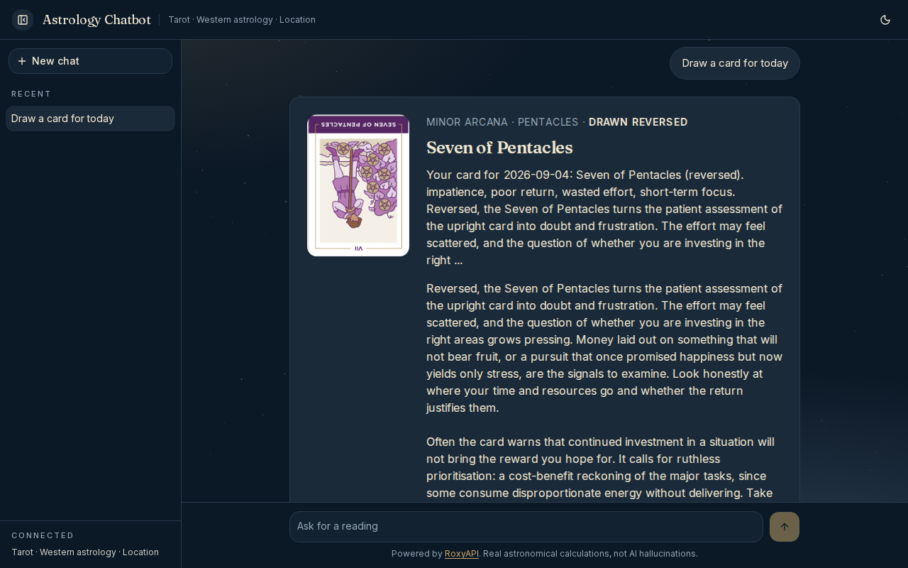 A drawn tarot card above the reading written about it