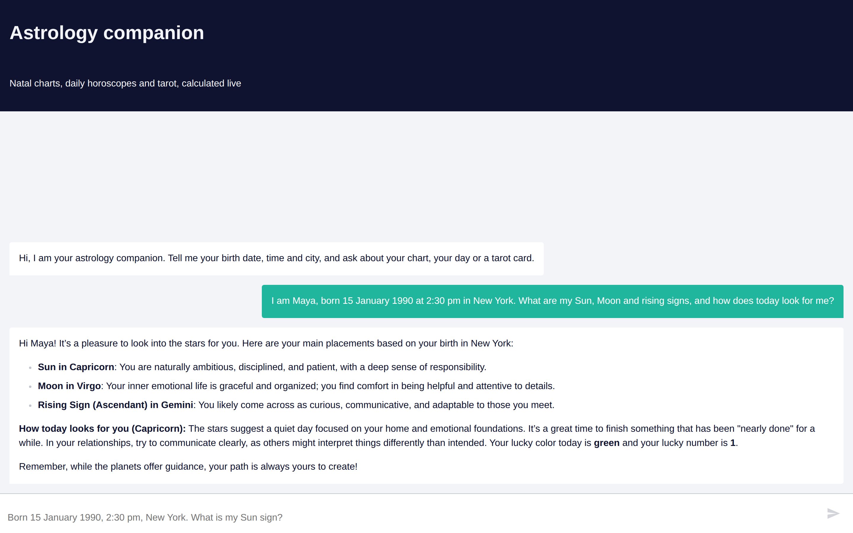 The hosted chat page answering a birth chart and horoscope question