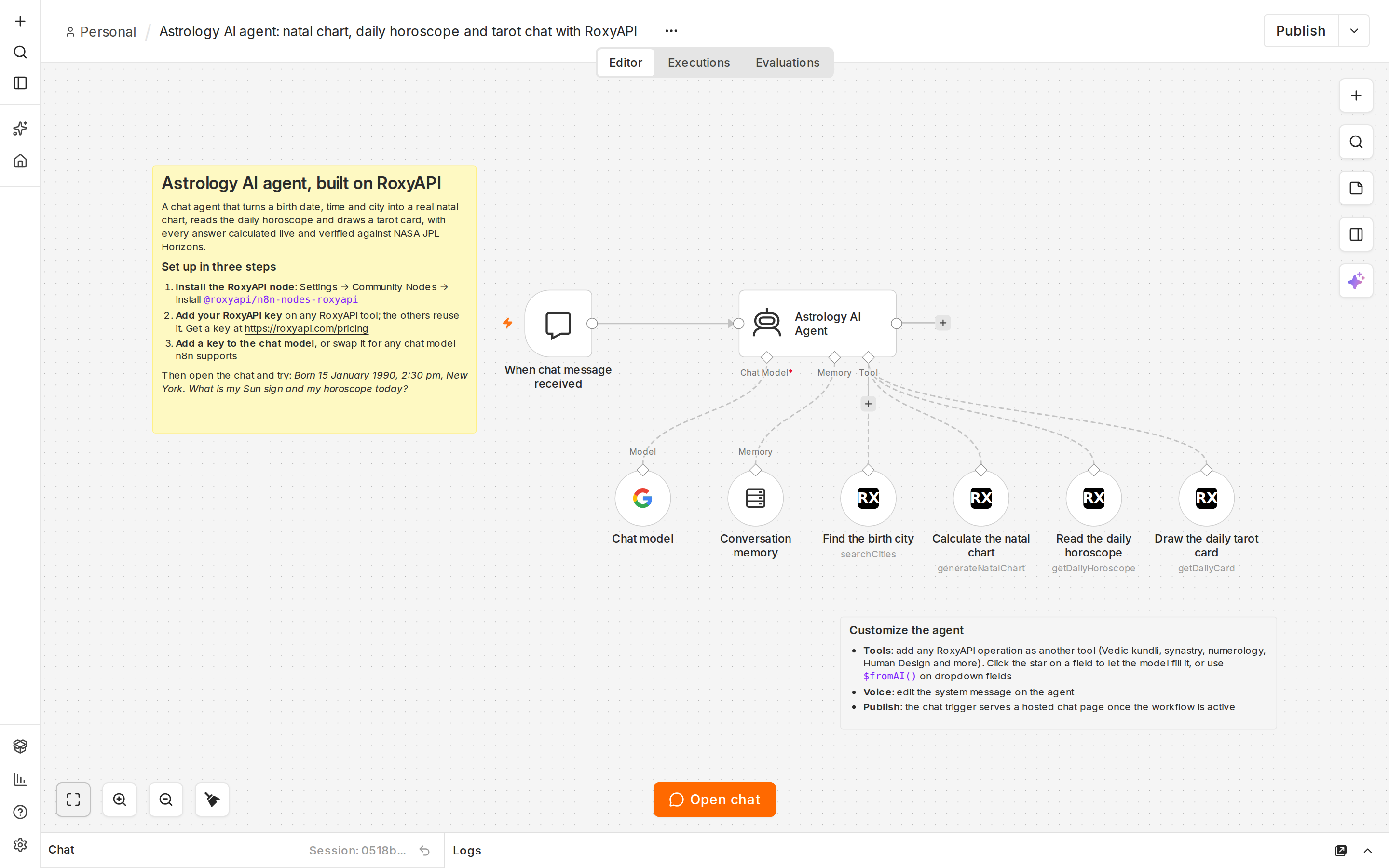 The astrology AI agent workflow in the n8n editor: a chat trigger, the agent, a chat model, memory and four RoxyAPI tools