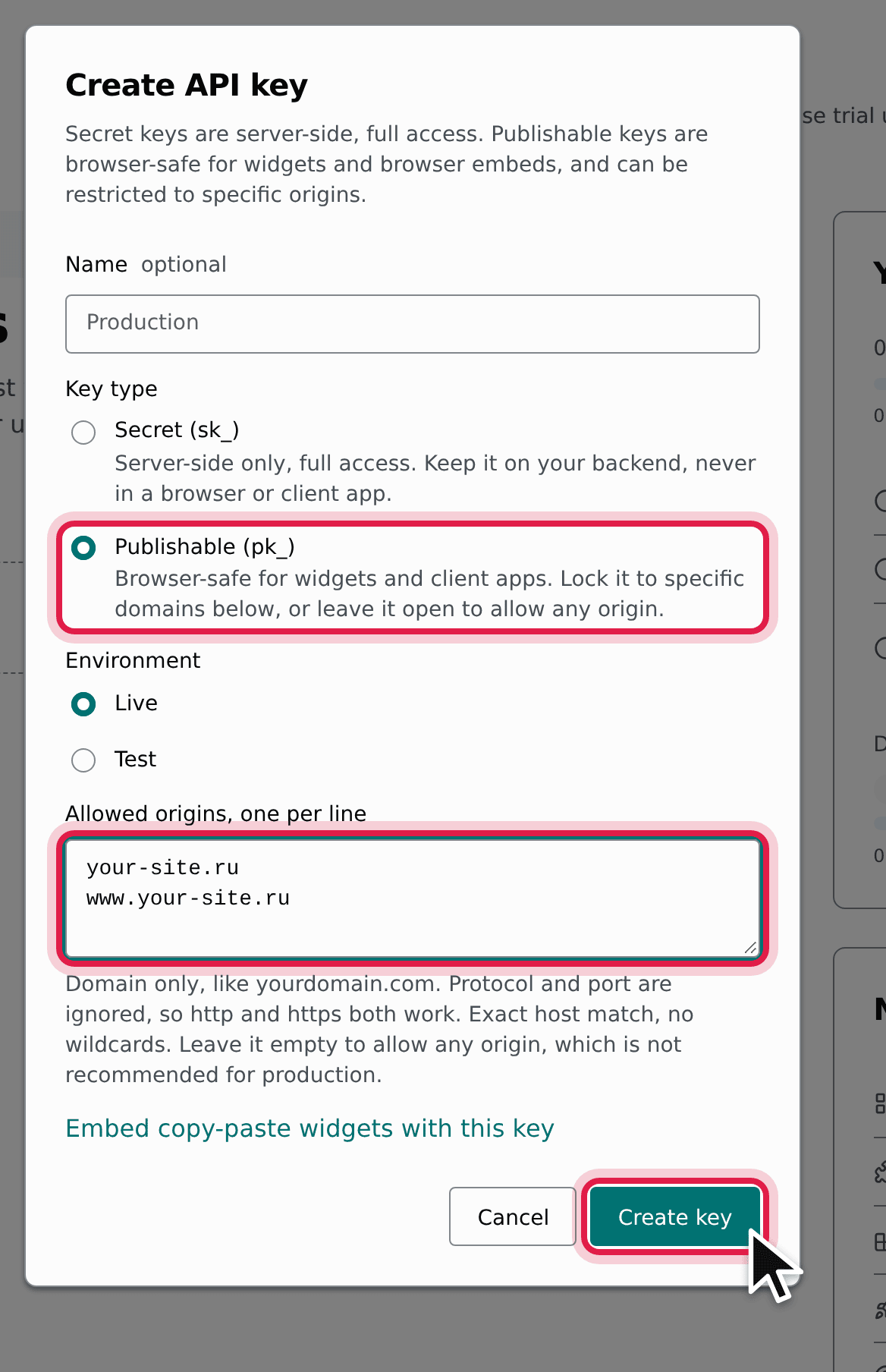 The new key dialog with Publishable selected and the site domain in Allowed origins