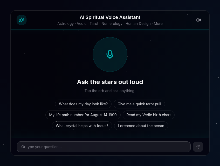 AI Spiritual Voice Assistant: tap to talk voice orb with suggested spiritual questions