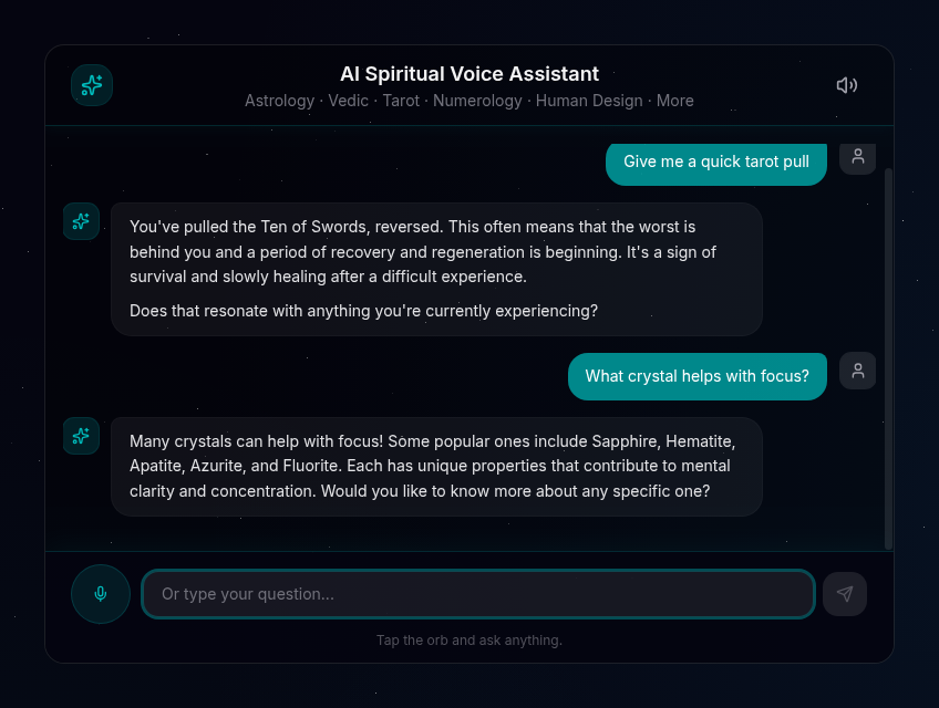 AI Spiritual Voice Assistant: spoken tarot reading and crystal recommendation transcript grounded in real RoxyAPI data