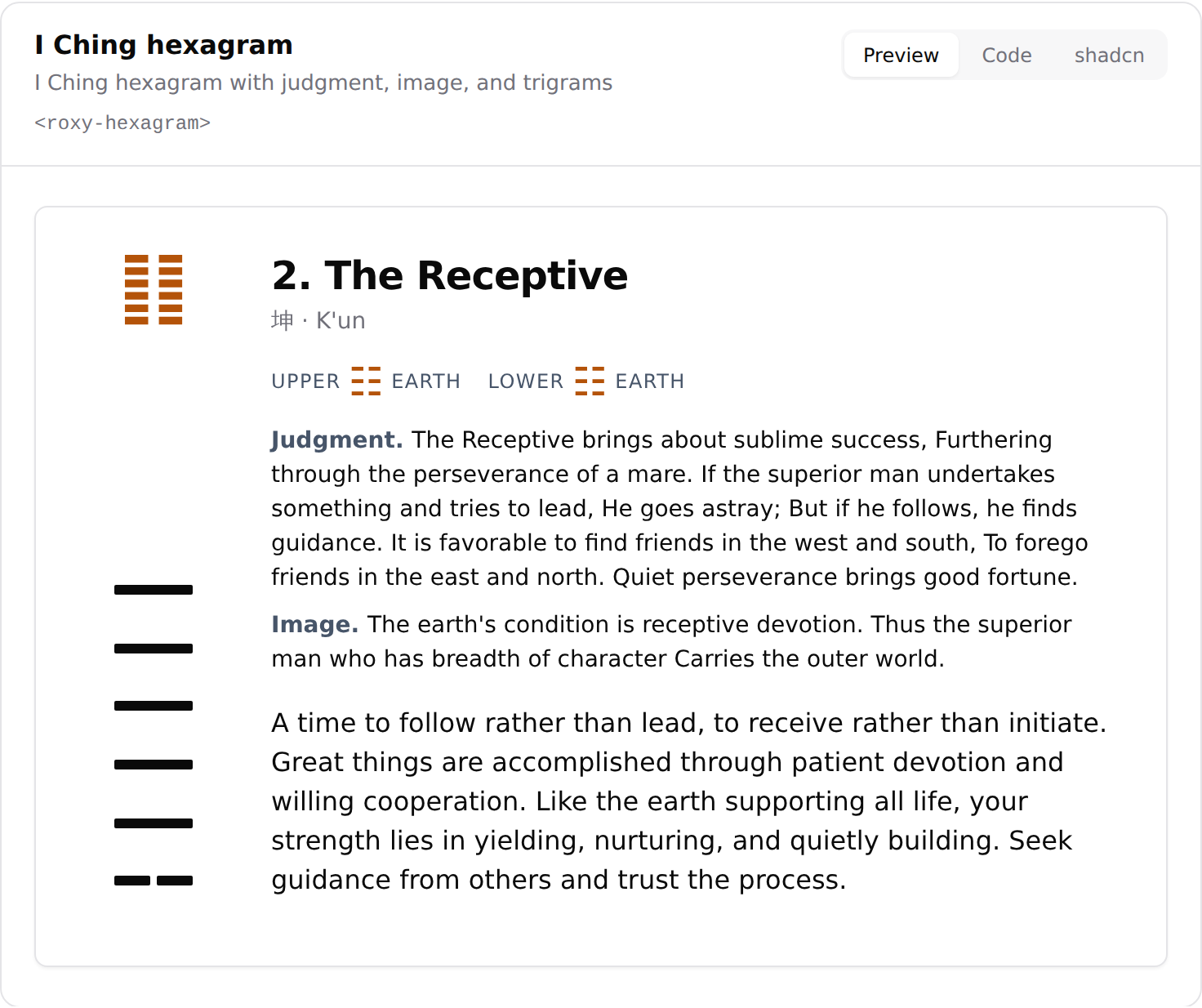 I Ching hexagram with trigrams and judgment