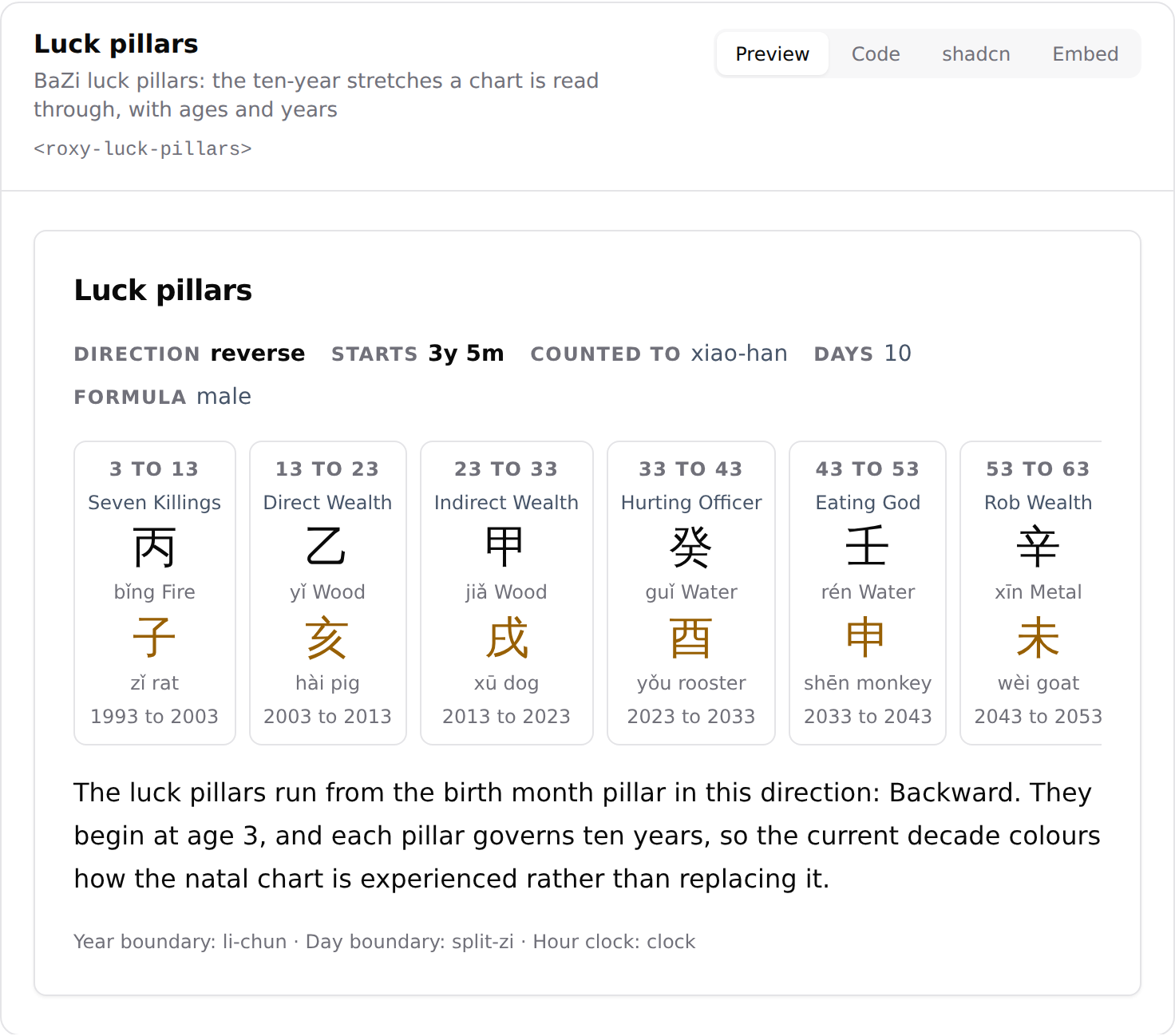 BaZi luck pillars as a strip of ten-year stretches, each with its stem and branch in hanzi, the Ten God relation, and the ages and years it spans
