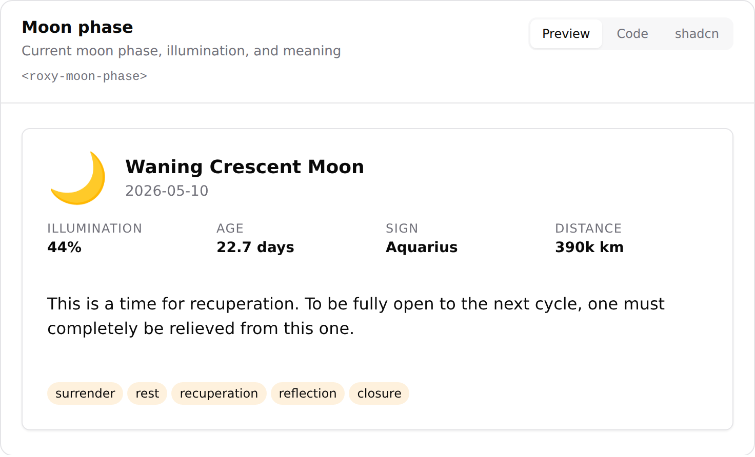 Moon phase card with illumination and age