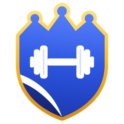The RoyaleGym logo: a blue crown shield with a white dumbbell on it, outlined in gold