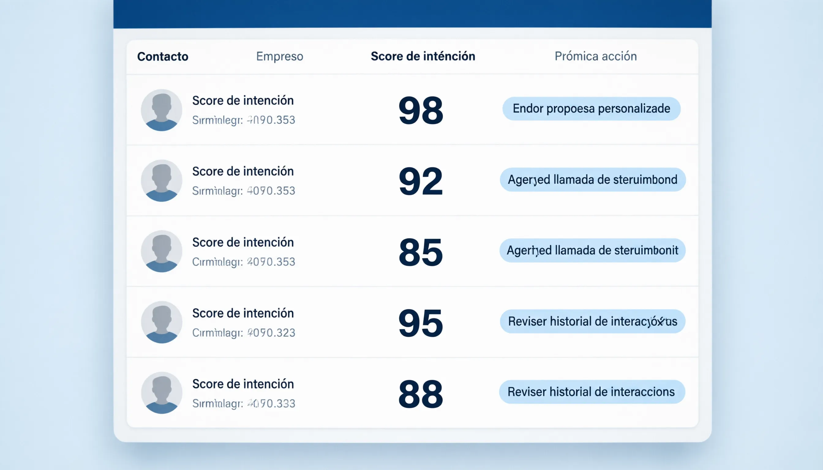 Panel de CRM con score de intención