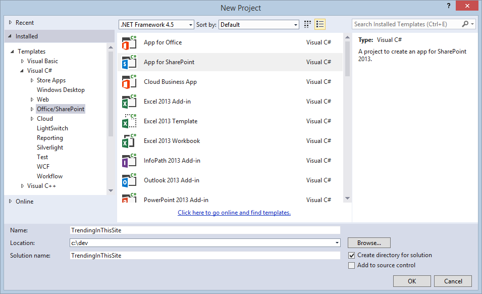 New project dialog in Visual Studio 2013