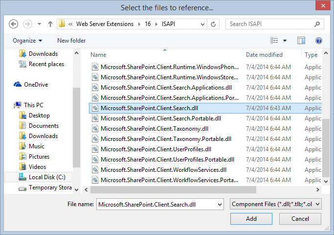 Adding the reference to the Microsoft.SharePoint.Client.Search.dll assembly