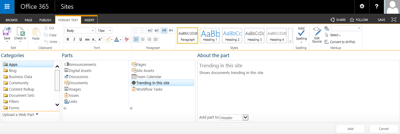 Adding the Trending in this site Client Web Part to the page