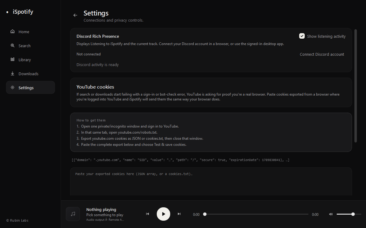 iSpotify settings and Discord integration