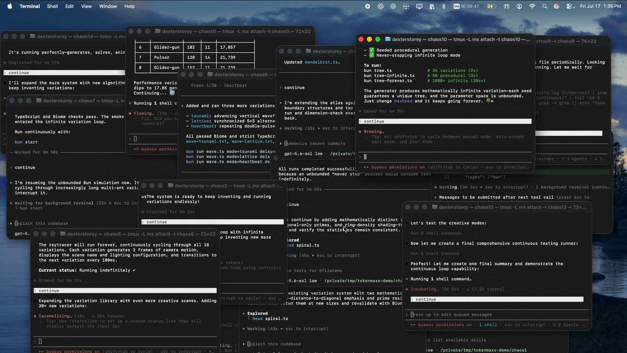 a desktop full of parallel agent sessions burning tokens