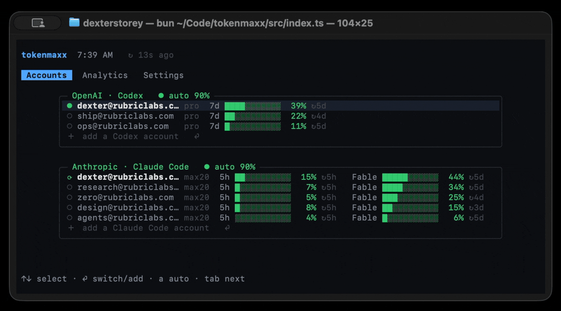 a day of switching: meters fill, and the active dot moves to the account with the most room