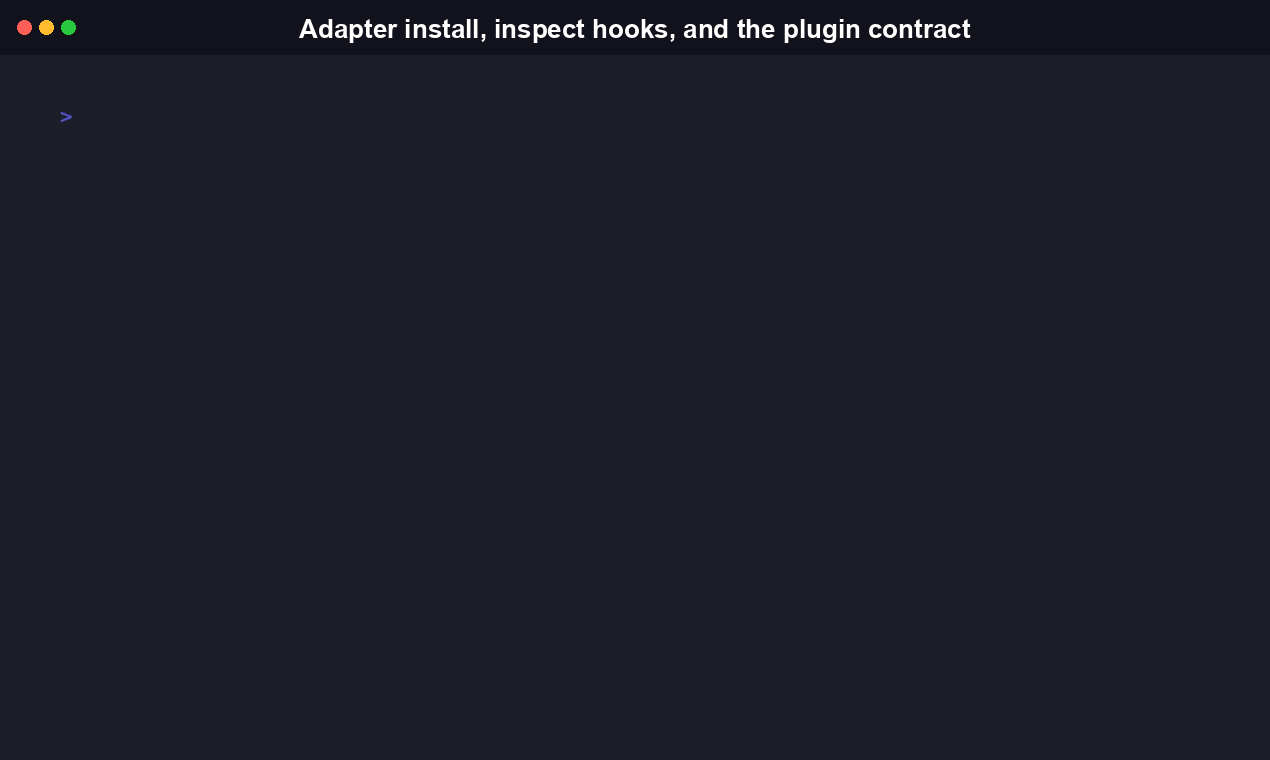 AgenticWorkspace adapter management: installing and inspecting the Claude Code adapter's hook wiring via the adapter subcommand, recorded from the real published npm package