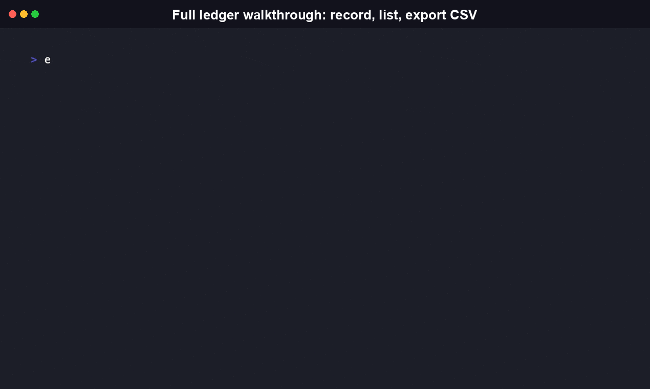 ComputeLedger CLI walkthrough: keys generate --local, record --local, ledger list --local --json, and export --format csv --local running end to end against the real CLI