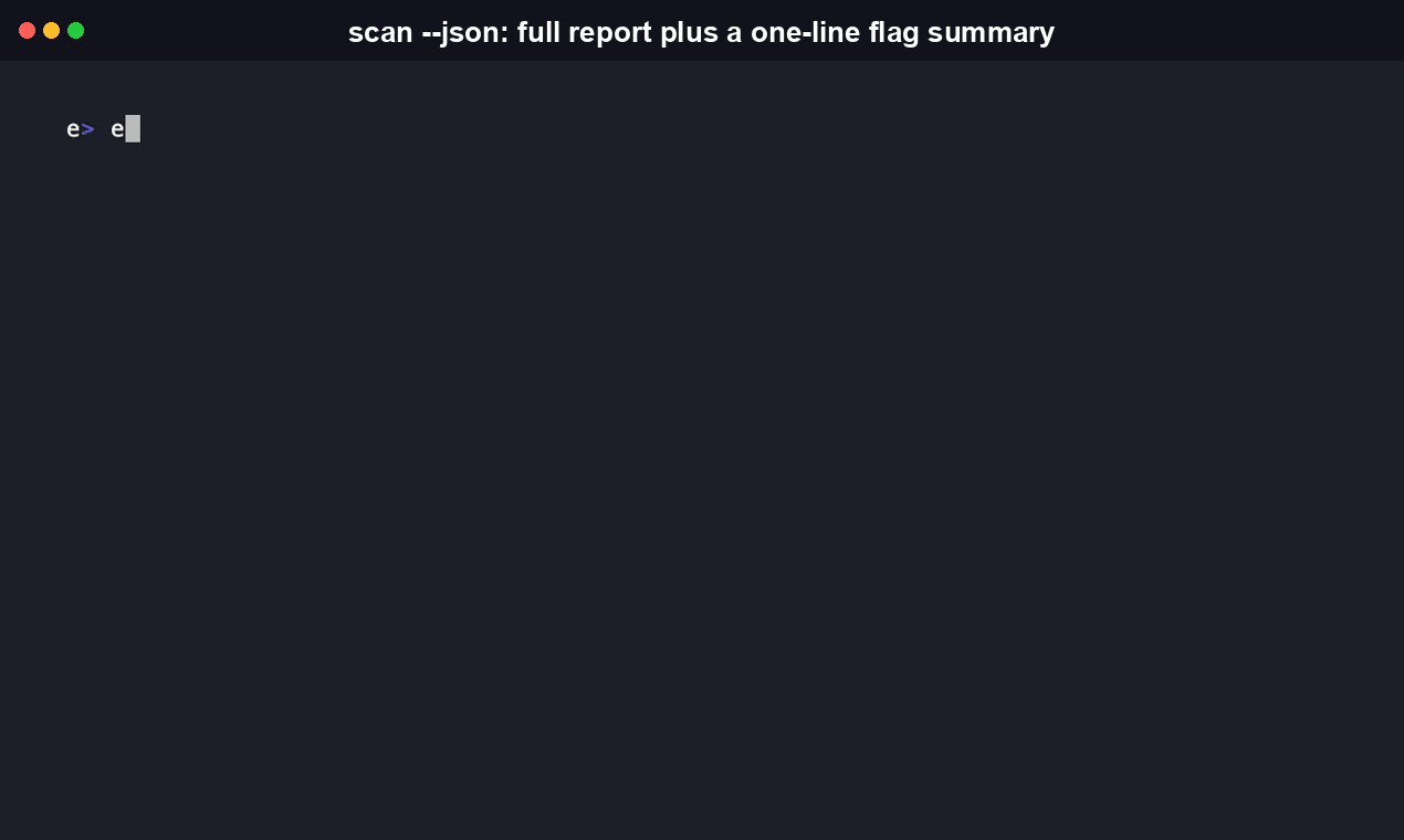 Terminal recording of running node dist/cli.js scan src/score/testdata/clips --json, printing the full machine-readable JSON report with per-shot flags, thresholds, and scan metadata to stdout