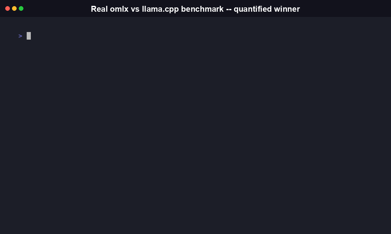 InferBench comparing engines: a live run against both omlx and llama.cpp reporting measured tokens/second for each and naming the faster one on this run