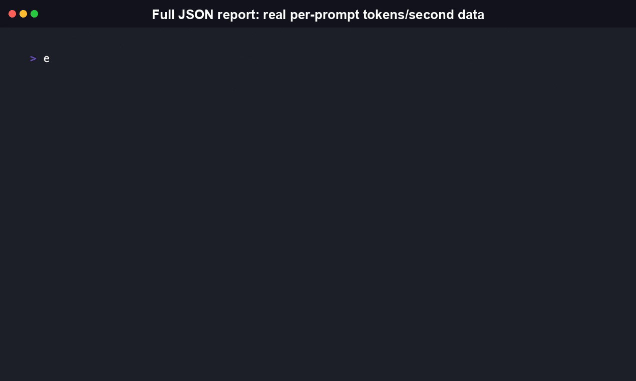 InferBench --json --out usage: a live omlx benchmark run whose full JSON report (per-prompt tokens/second, recommendation) is printed to stdout and also saved to report.json