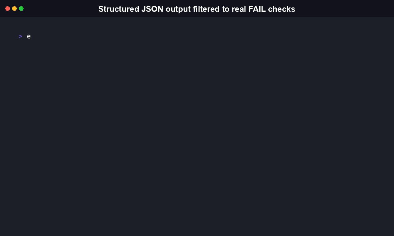 Running llmscout --json check to produce structured JSON output with per-check id, status, message, and fix fields plus a summary object