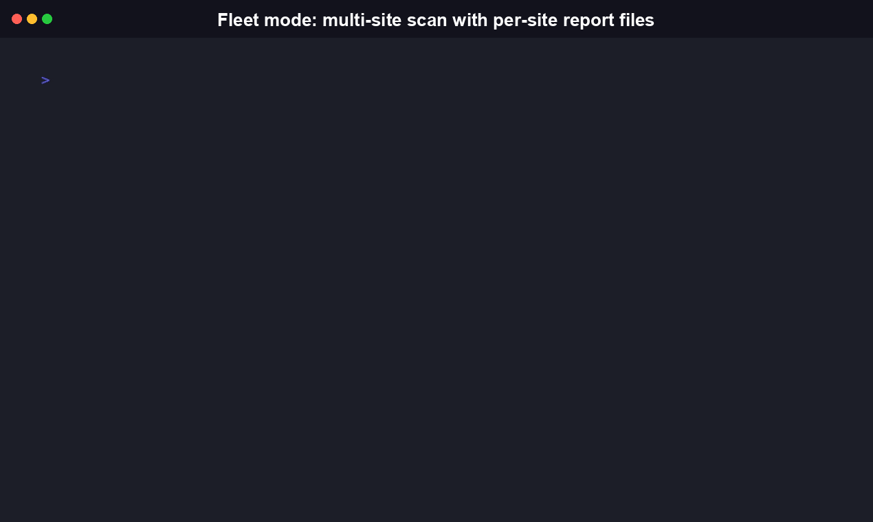 Running cat fleet.json to show a two-site manifest, then llmscout fleet ./fleet.json checking both sites and printing a per-site PASS/FAIL summary