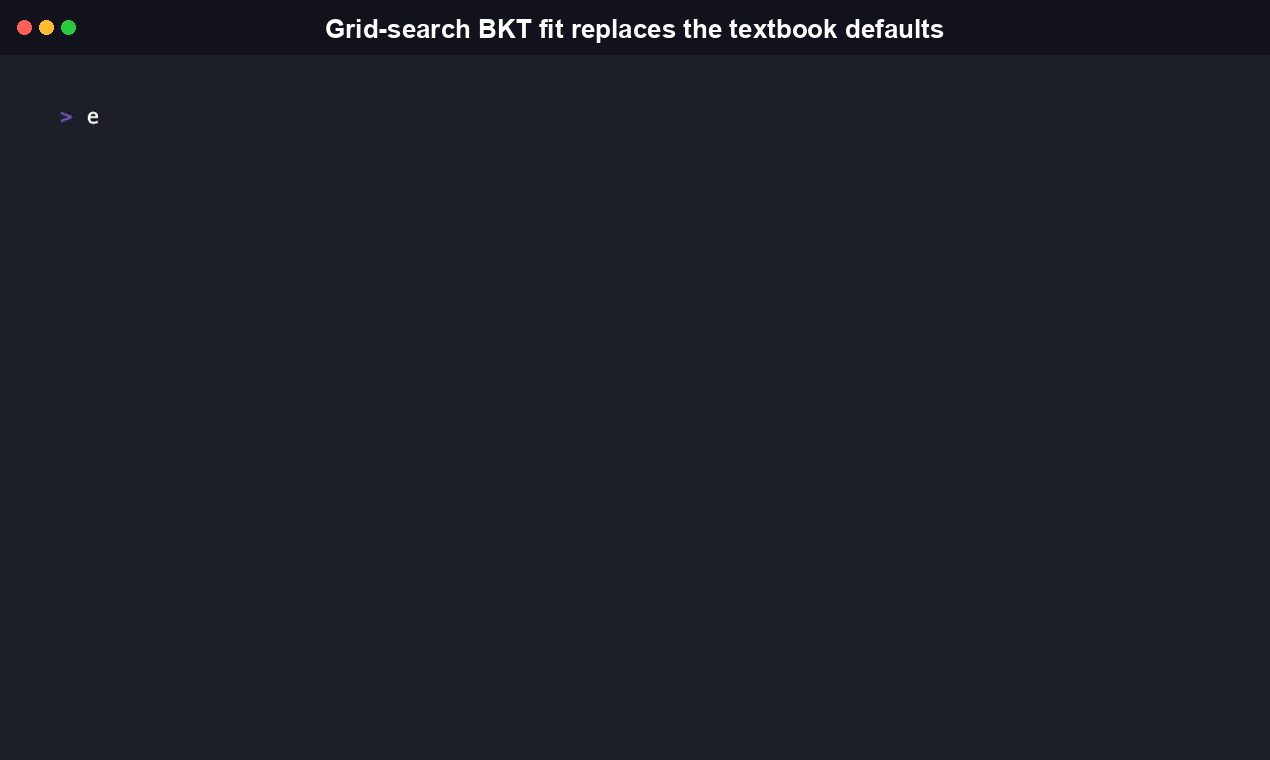 Terminal recording: enabling bkt.fit in masterytrace.config.json, then scoring so each skill's BKT parameters are fit from real data via grid search instead of the textbook defaults