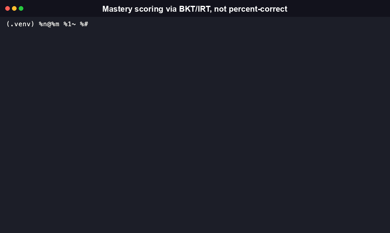 Terminal recording: installing the masterytrace-cli npm tarball, then running init, record, score, and report end to end