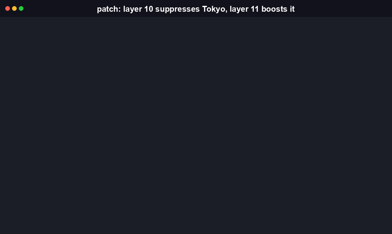 neuronscope patch zero-ablating one component at a given layer and reporting how the predicted token and its logit changed