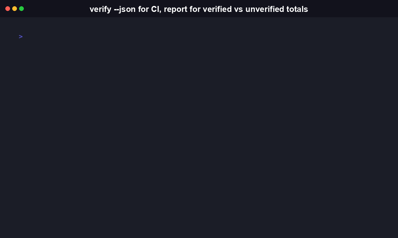 PaceProof verify: signature verification against a fresh example directory, then the same check with --json for structured output