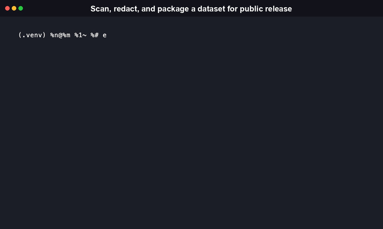 Terminal recording of releaseguard scan finding PII in a sample CSV, then releaseguard package writing a redacted copy plus a Hugging Face dataset card and an EU AI Act training-data summary