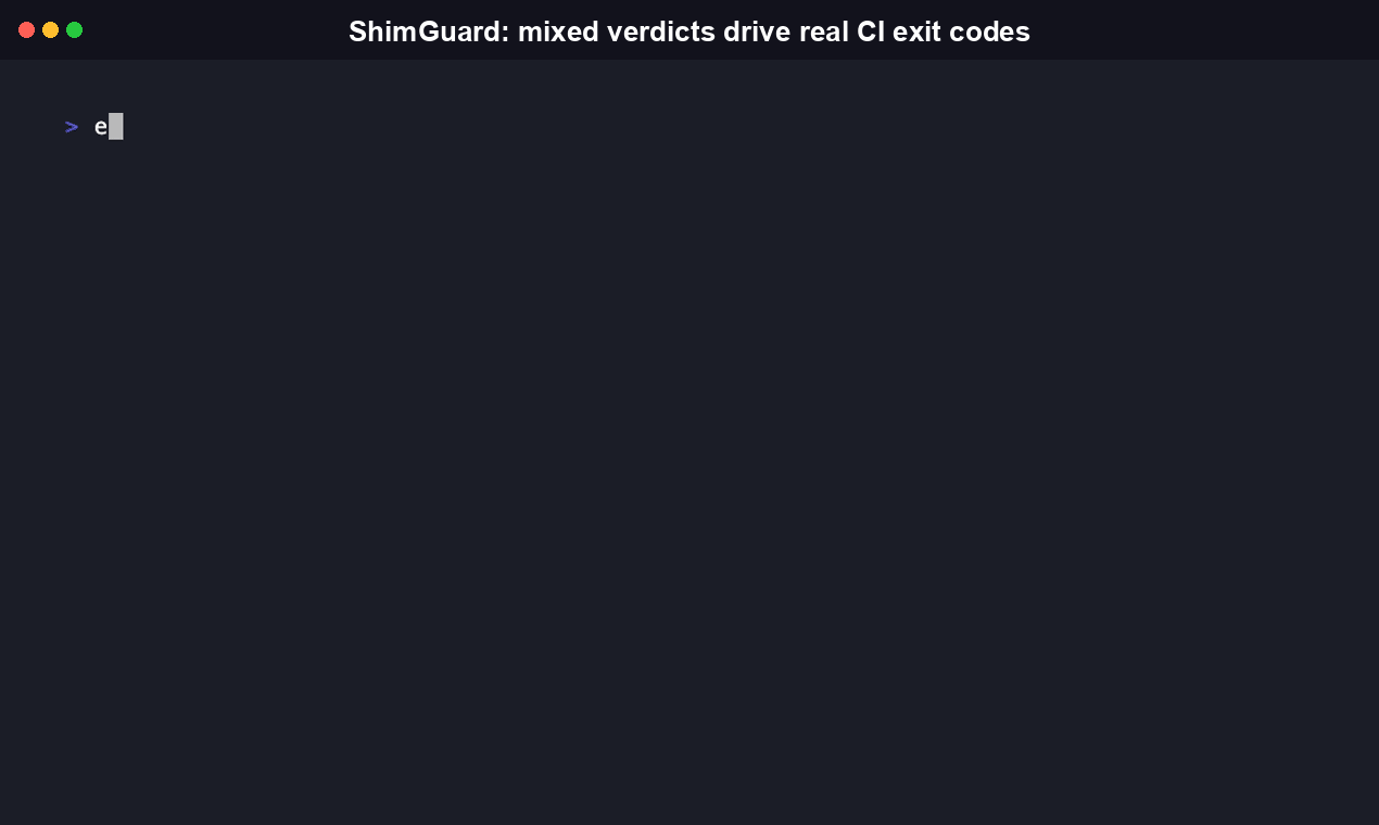 Running shimguard verify against a mix of issues in the real sybil-solutions/codex-shim repo: one MATCH (merged fix), one UNVERIFIED (no cited fix), exit code 0 since nothing is provably broken