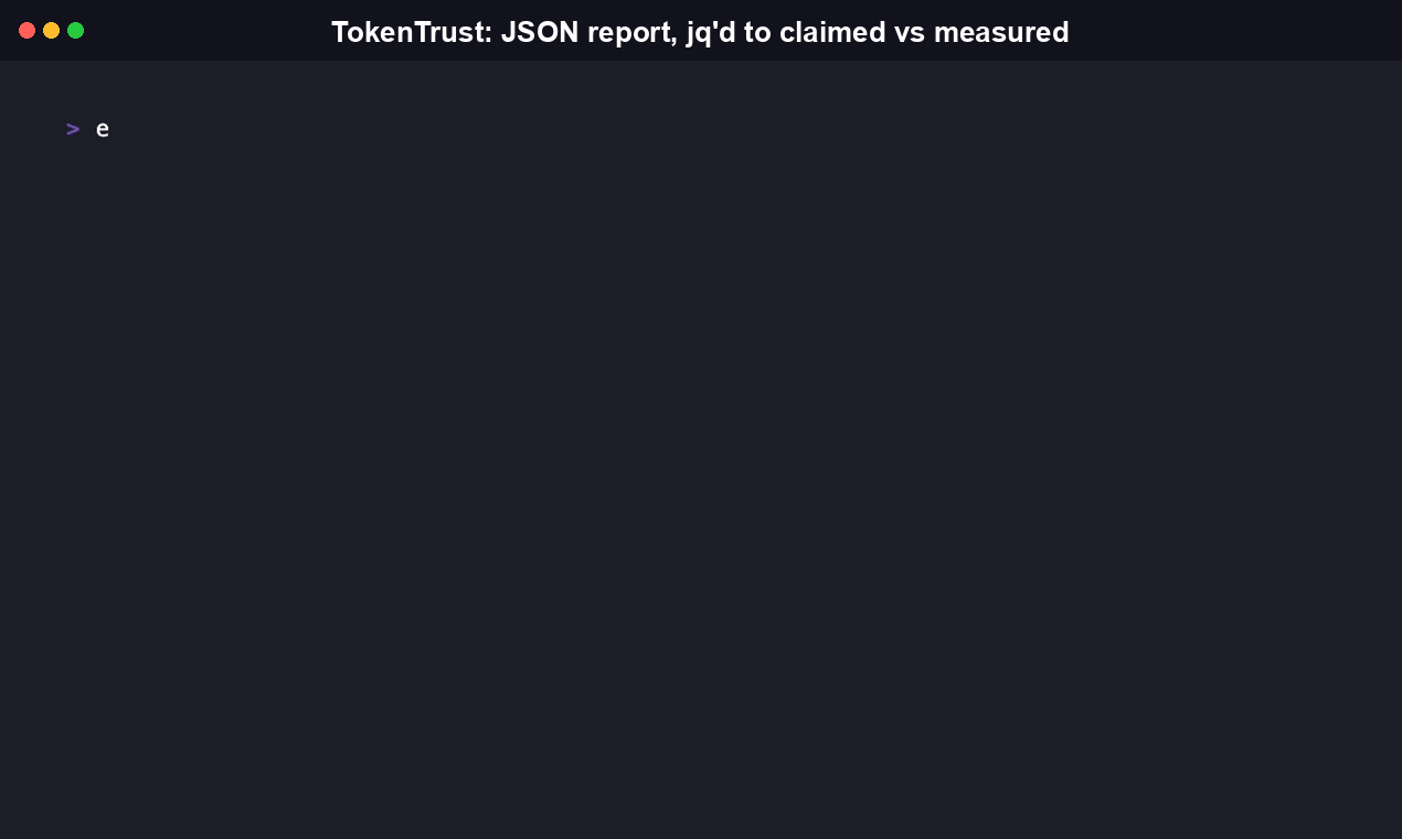 Terminal recording of tokentrust verify --proxy rtk --format json piped through jq, printing each TT category's claimed vs. measured savings percentage as structured JSON