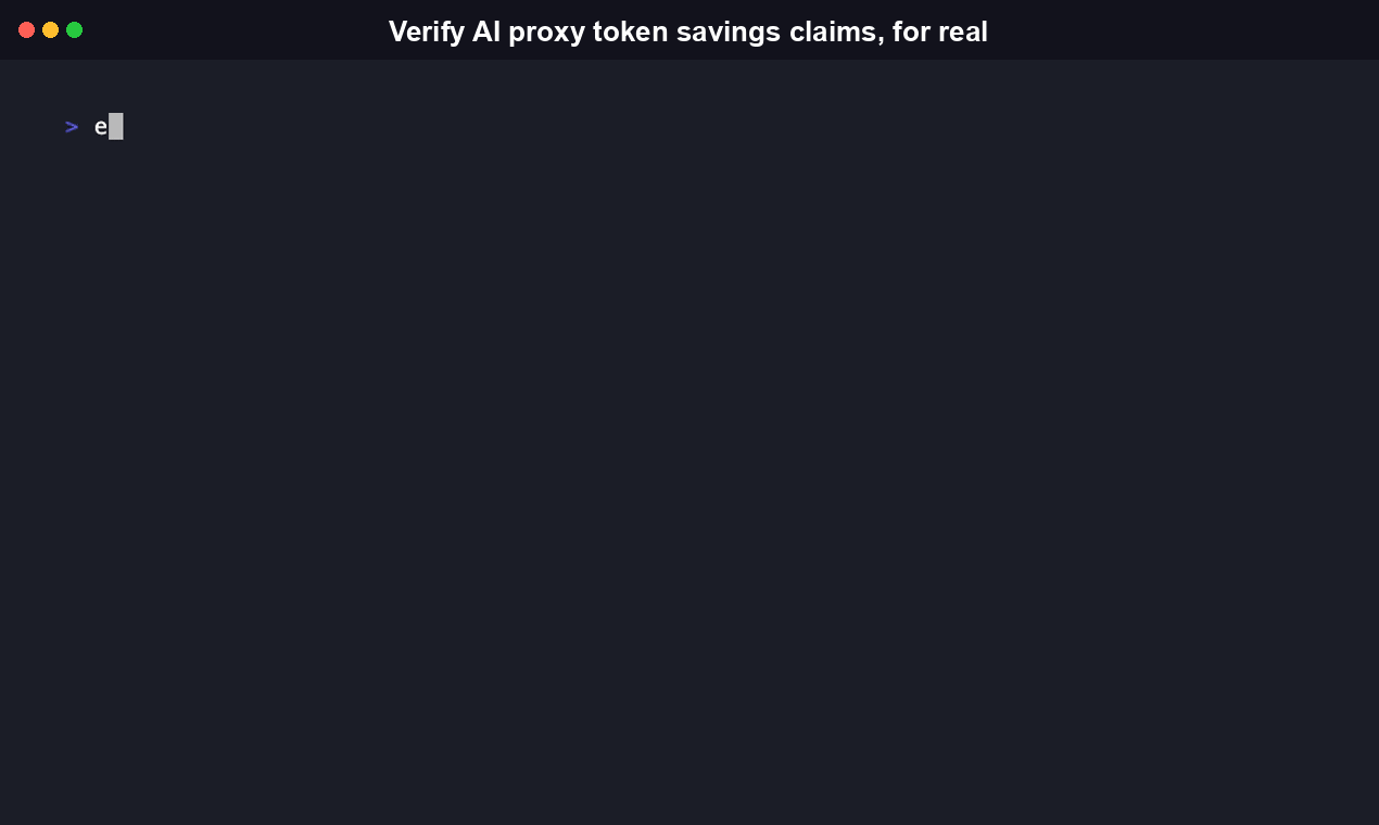 Terminal recording of npm install -g tokentrust-cli followed by tokentrust verify --proxy rtk, printing claimed vs. measured token and cost savings for rtk 0.43.0 across the bundled 23-task corpus