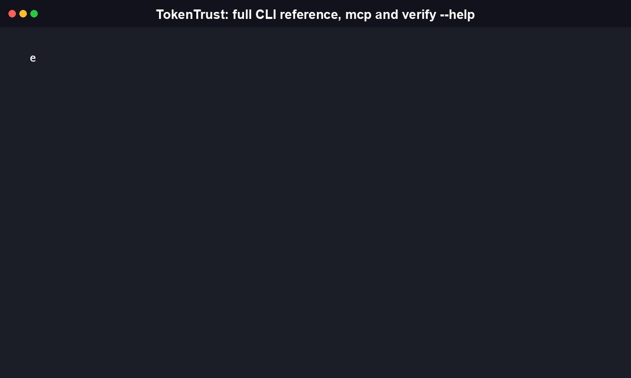 Terminal recording of tokentrust mcp --help, showing the MCP server usage text and the verify_proxy_savings tool description
