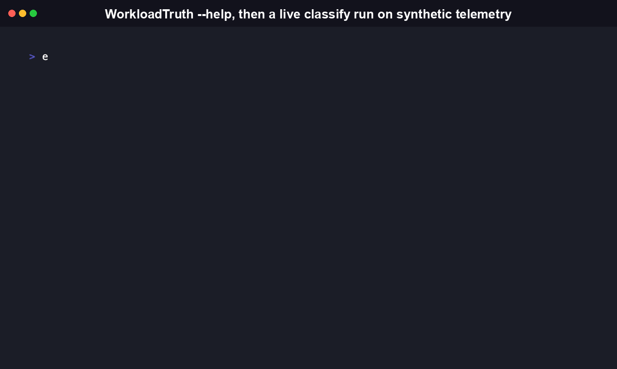 WorkloadTruth --help output listing the classify, watch, benchmark, verify-log, and mcp subcommands