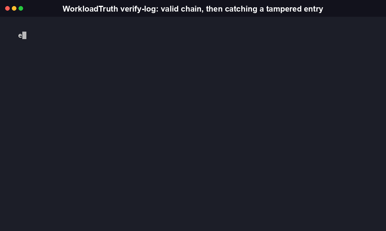 WorkloadTruth watch appending hash-chained entries to a local audit log, then verify-log confirming the chain hasn't been tampered with