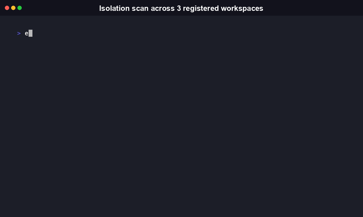 Running workspaceguard scan --json, the isolation config scan scaffold stub