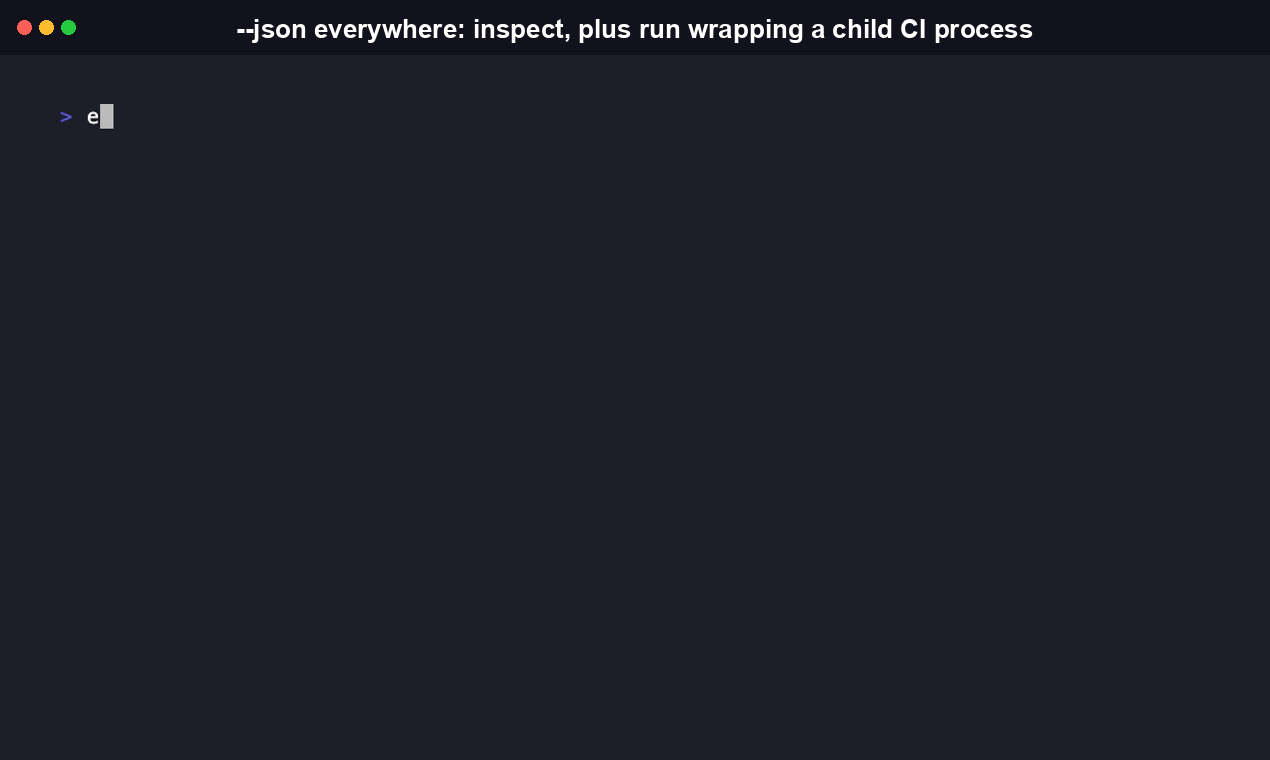 Terminal recording of agent-trace subcommands run with --json, producing structured output an agent or CI job can parse directly