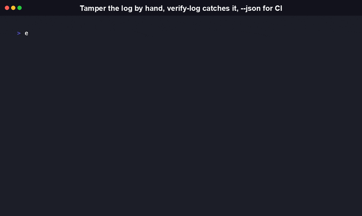 auditreach demo: hand-editing an entry in auditreach.log.jsonl, then running verify-log and watching it catch the broken hash chain