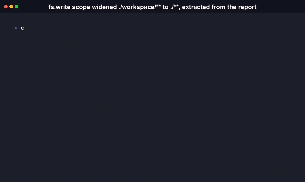 Terminal recording: evolveguard check --json against the case-04-scope-widened fixture, showing the widened fs.write scope surfaced in the JSON surfaceChanges output.