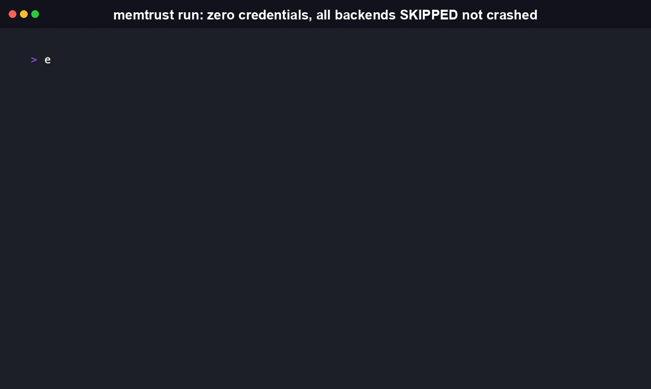 Terminal recording of memtrust run against all four tracked backends with zero credentials configured, showing every backend report SKIPPED and a valid JSON report still get written.
